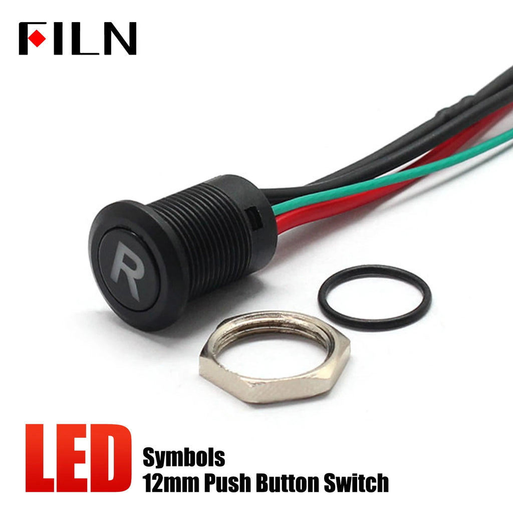 12mm 12V IP65 Symbol Push Button Switch Waterproof Plastic Button Momentary  for Racing Car & Boat - Dashboard Warning