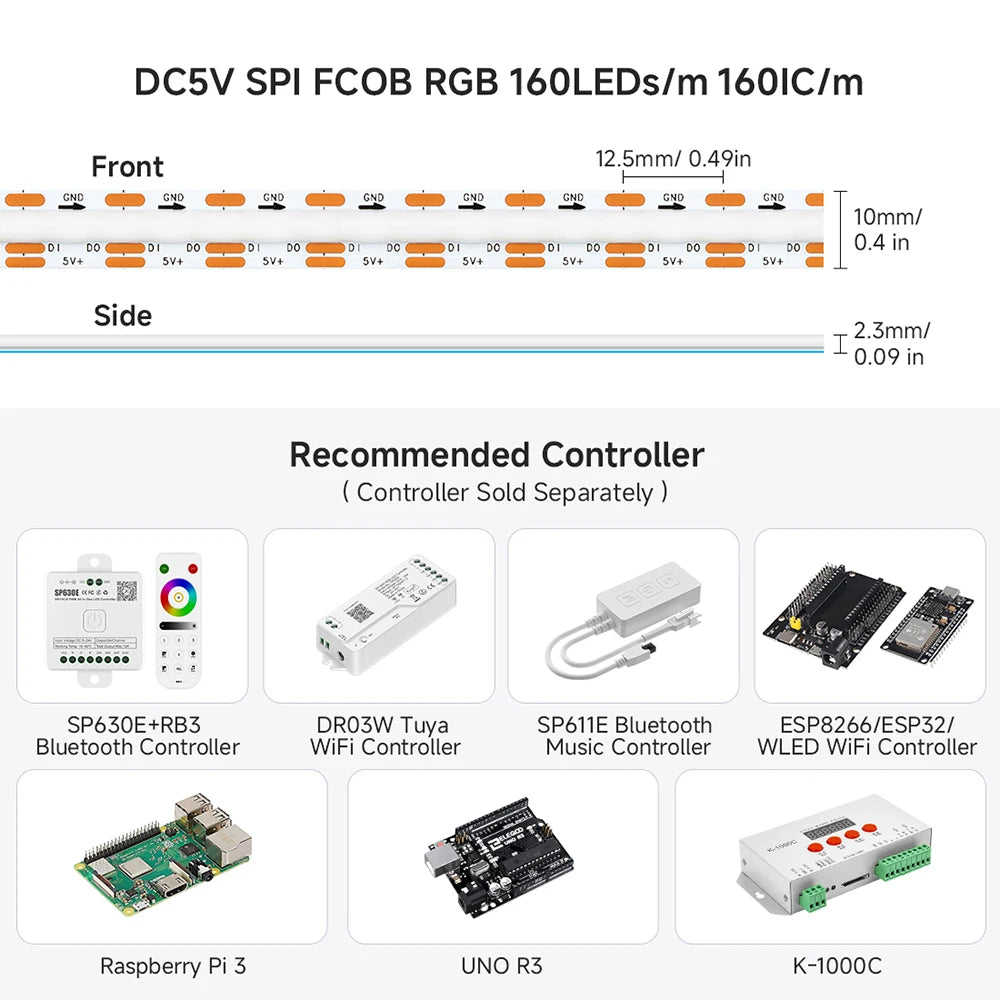 FCOB SPI RGB IC LED Light Strip DC5V WS2812B Individually Addressable 160 LEDs Smart Pixels Magic Flexible COB Light IP30
