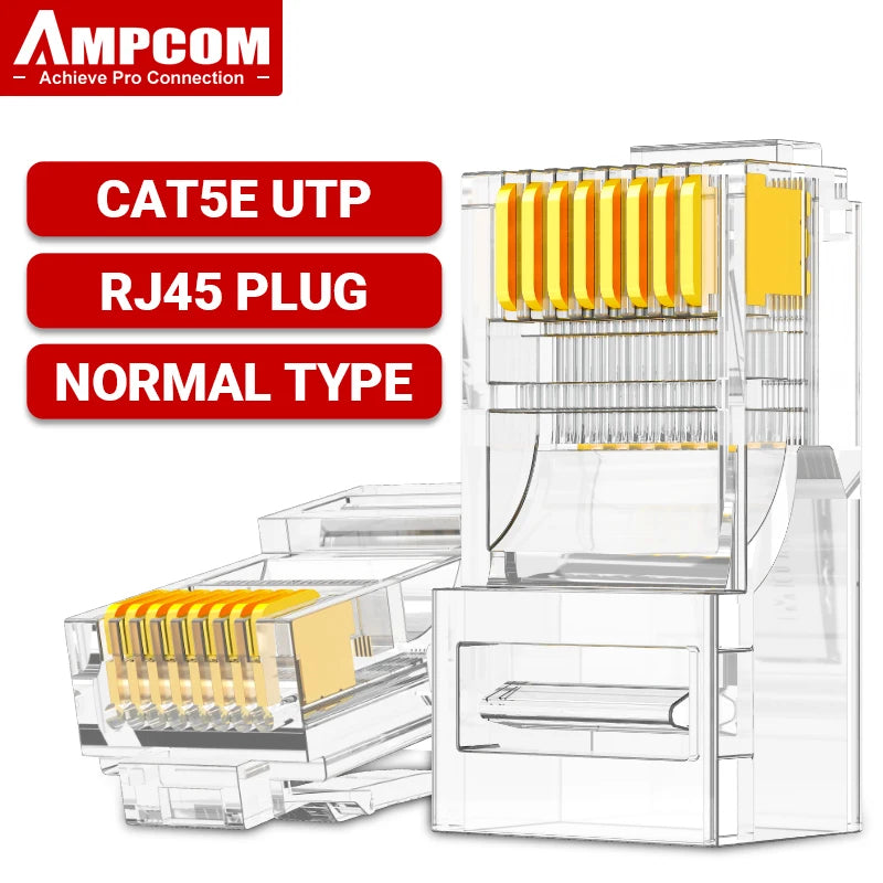 AMPCOM RJ45 Connector 50U Gold Plated CAT7 CAT6 CAT5E Pass through Modular Plug 8P8C Crimp End for Solid Wire Stanrded Ethernet