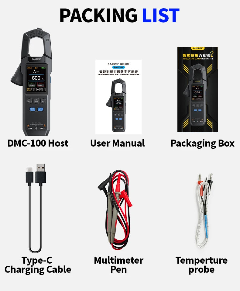 FNIRSI DMC-100 Clamp Meter 10000 Counts TRMS AC/DC Current Amperemeter Clamp 600A Digital Multimeter USB Charge Electrician Tool