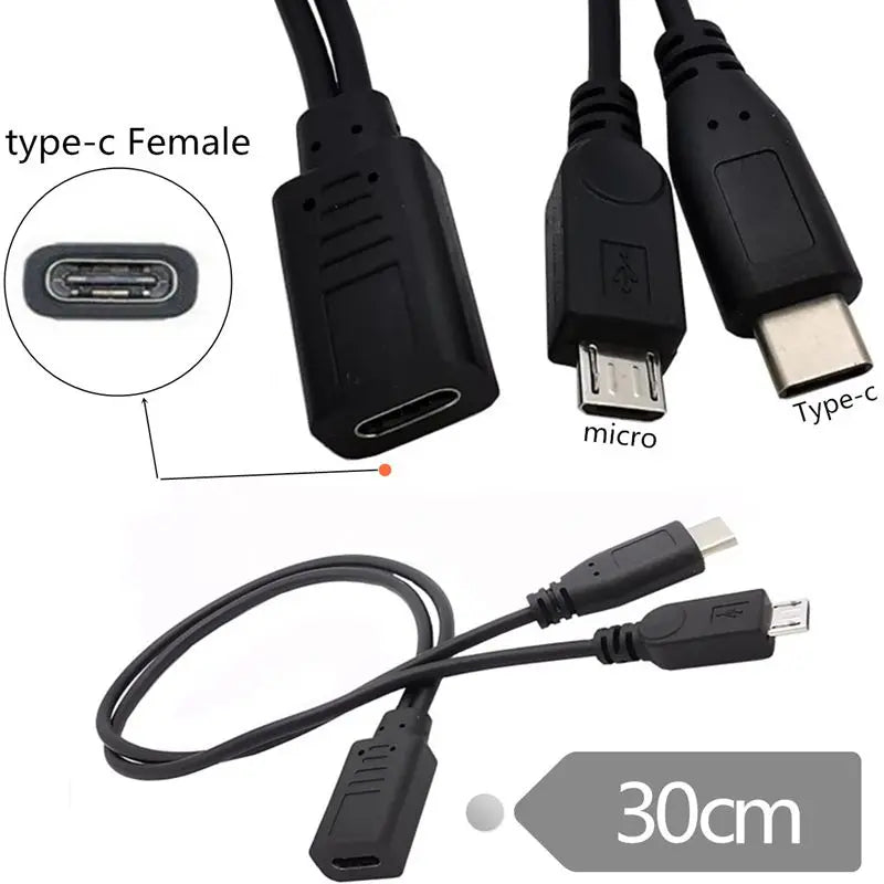 30cm USB 1/2 Type-C Female to Type-C Male Plus Micro USB Male Phone Charging Tablet Connection Cable