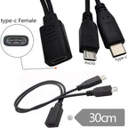 30cm USB 1/2 Type-C Female to Type-C Male Plus Micro USB Male Phone Charging Tablet Connection Cable