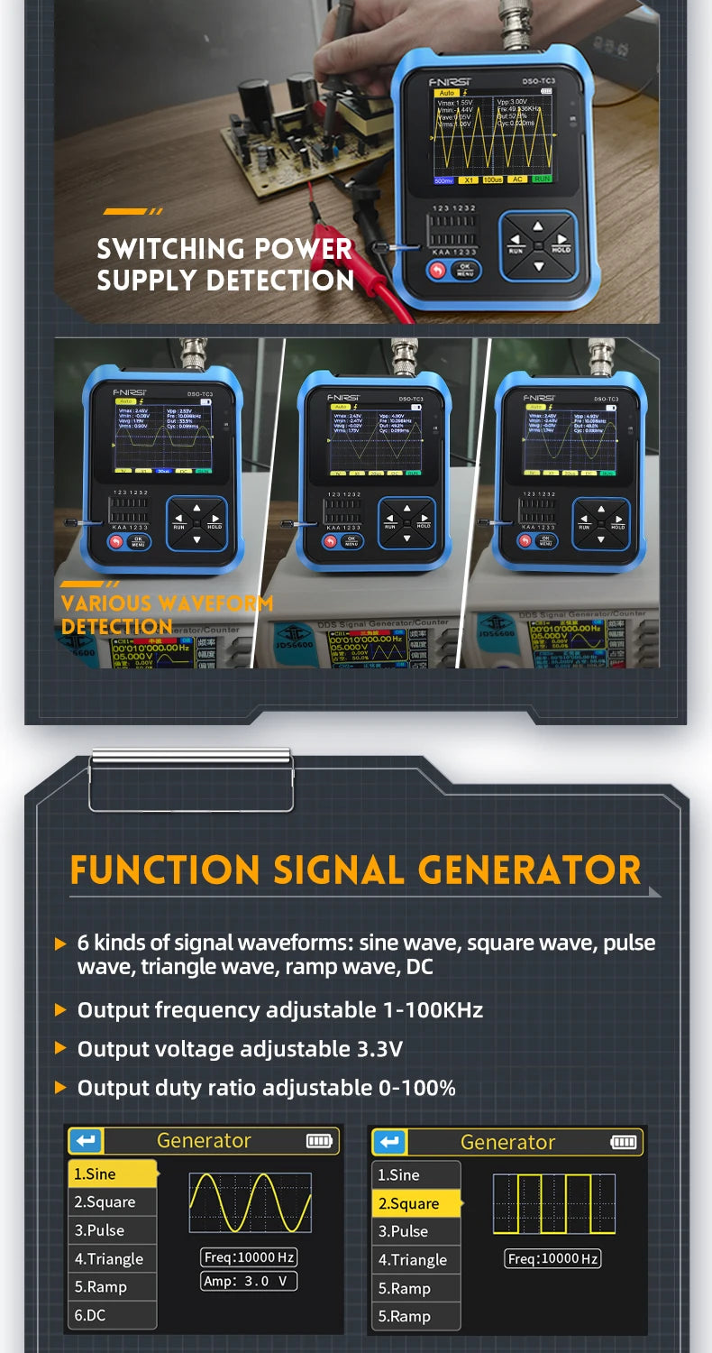 FNIRSI-1014D 1013D TC3 Oscilloscope 3-in-1 Dual Channel Input Signal Generator 100MHz * 2 Analog Bandwidth 1GSA/s Sampling Rate