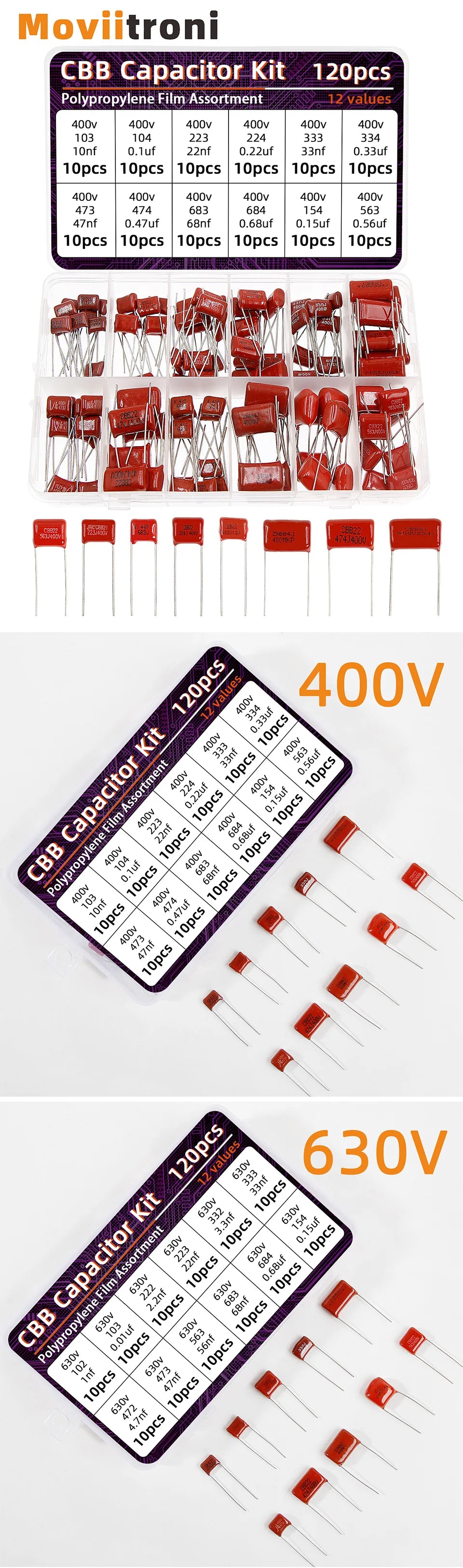 120pcs CBB Capacitor Assortment Kit Metallized Polypropylene Film Capacitors