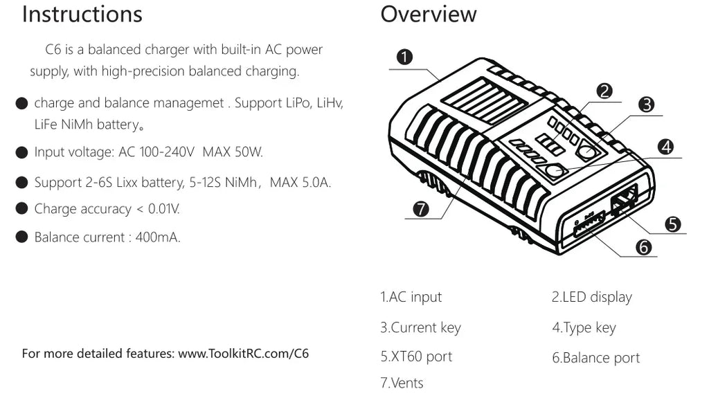 ToolkitRC C6 AC Balance Charger EU Plug 50W Max 5A For 1-6S LiPo LiHV LiFe Battery 5-12S NiMH NiCD RC FPV Drone Model Charger