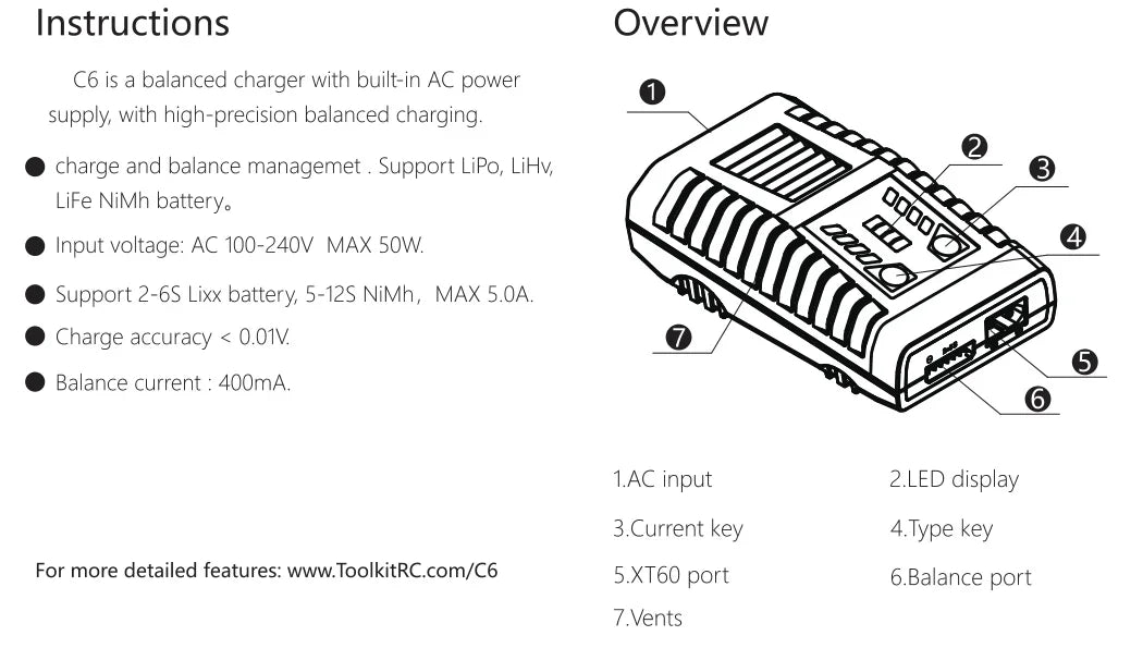 ToolkitRC C6 AC Balance Charger EU Plug 50W Max 5A For 1-6S LiPo LiHV LiFe Battery 5-12S NiMH NiCD RC FPV Drone Model Charger