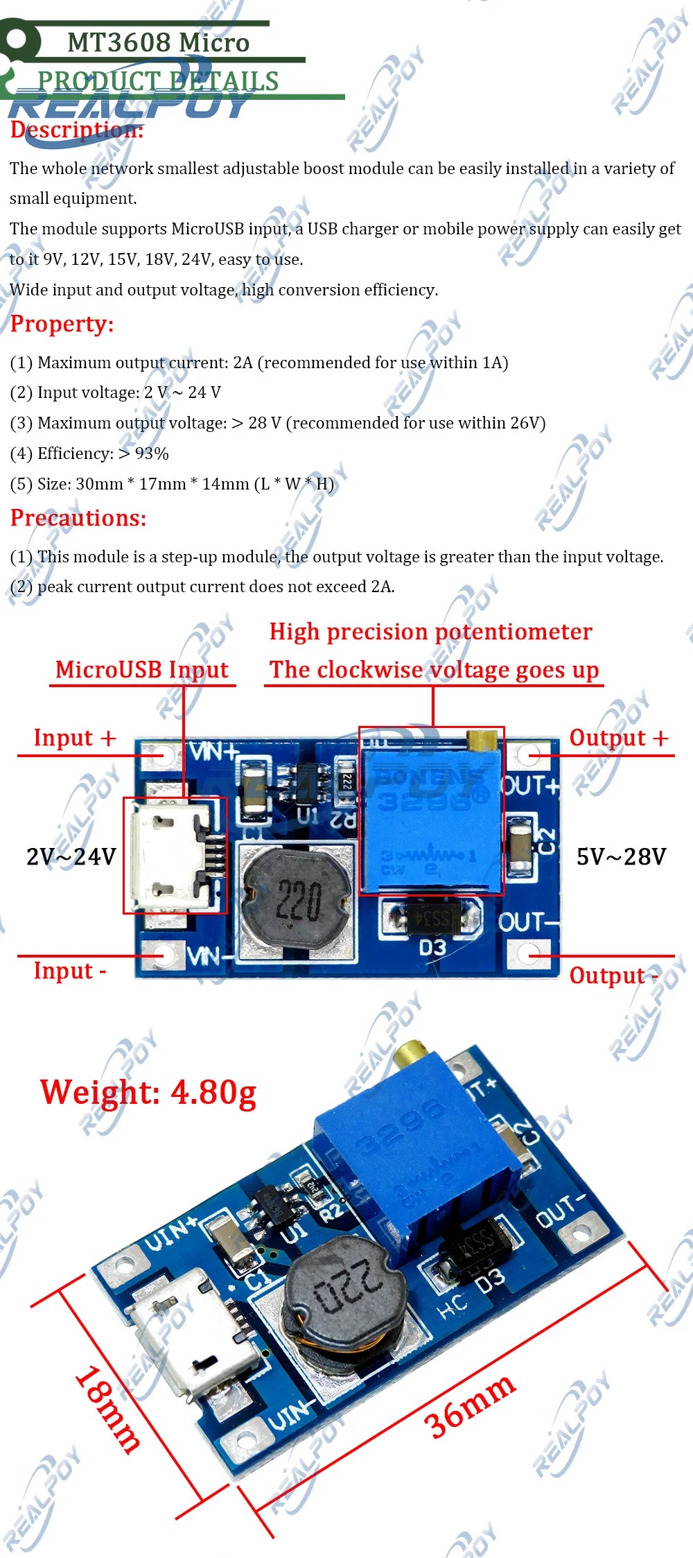 MT3608 Micro DC-DC Step Up Converter Booster Power Supply Module Boost Step-up Board MAX output 28V 2A for arduino