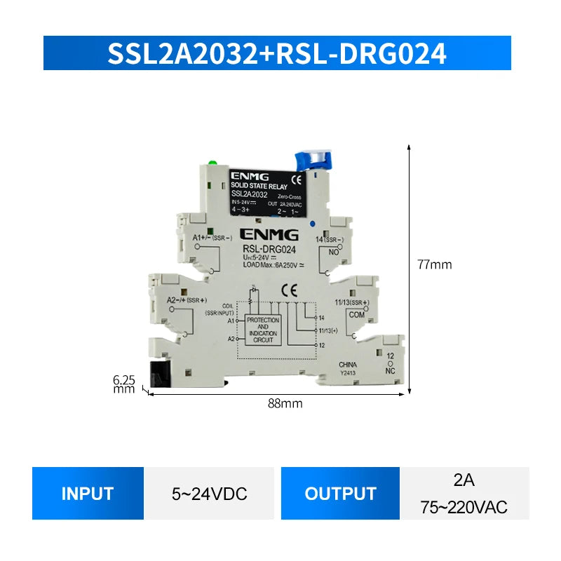 ENMG 1Pcs Slim Relay Modules DIN-Rail SSR Solid State Relay Integrated PCB 6A 2A DC Control DC AC 5V 12V 24V 220V Mount Power 41