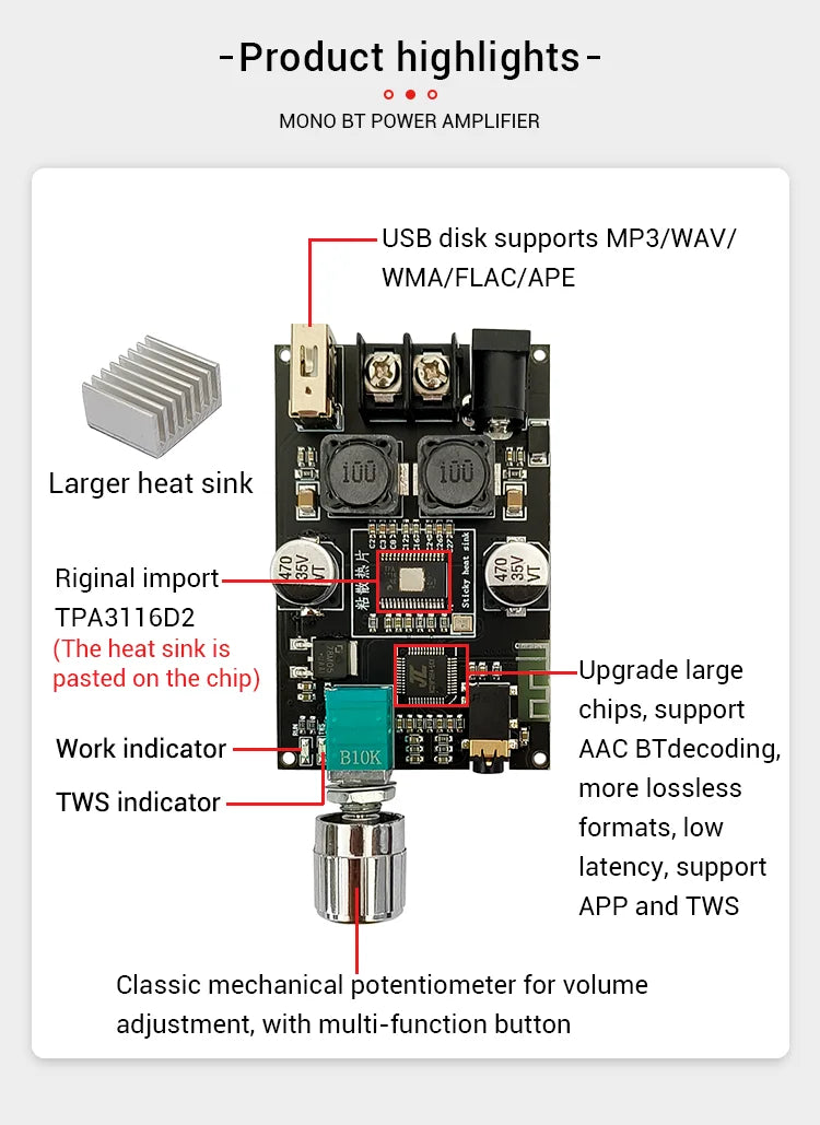 100W Bluetooth 5.1 TPA3116D2 Mono Bt Audio Power Amplifier Module AMP Amplificador Home Theater With TWS Mode 1001B
