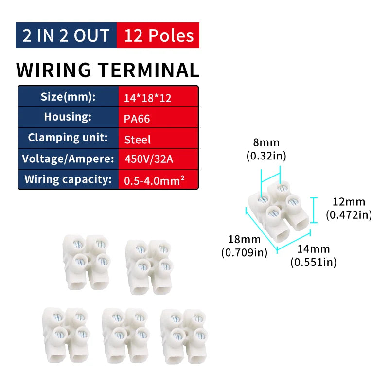 Terminal Block 12-Position Strip 450V/32A PA66 Electrical Equipment Connectors 0.5-4mm² Plastic Flame Retardant Wire Connector