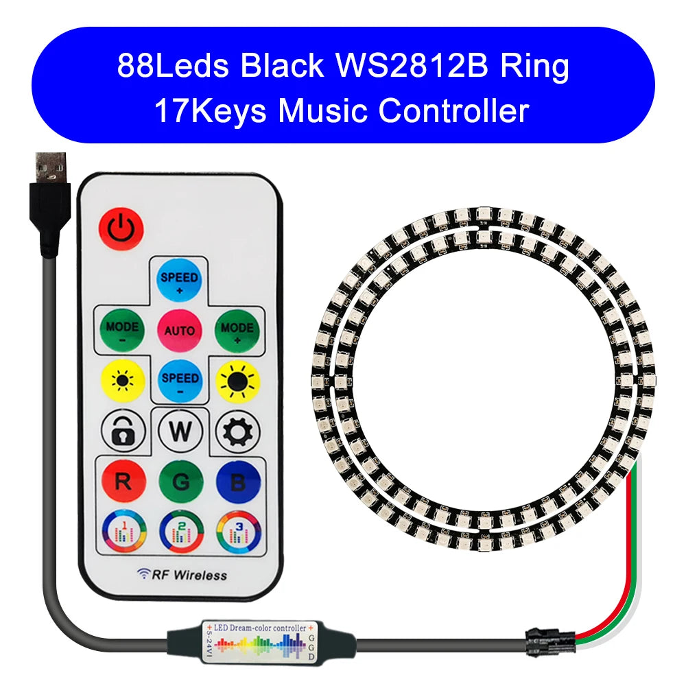 DC5V WS2812B DIY LED Ring 8 to 241 Pixels 5050 RGB Individually Addressable WS2812 Round Modules With 17Keys Music RF Controller