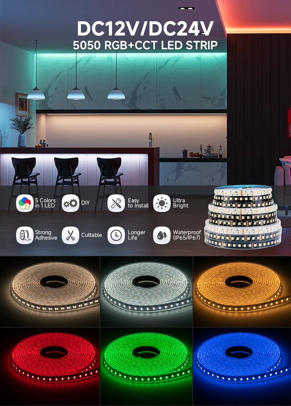 12V 24V 5050 RGBCCT 5 in 1 LED Light 5m 96 Leds/m 6pin RGBW RGBCW RGBWW RGB WW CW 2700K-6500K Strip Lights Black White PCB Tape