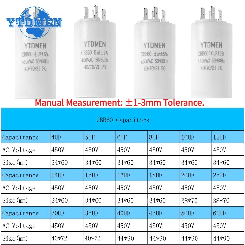 1PCS 450VAC CBB60 Motor Run Capacitors 4pin Dual Insert Starting Capacitor 4UF-60UF for Air Compressor Water Pump 6UF 10UF 50UF