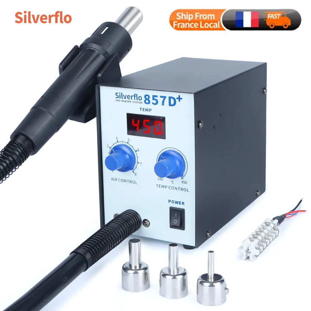 Silverflo Soldering Station 600W 857D+Hot Air Rework Welding Station Heat Gun With Twin-Turbo Blower for BGA SMD SOIC Repair