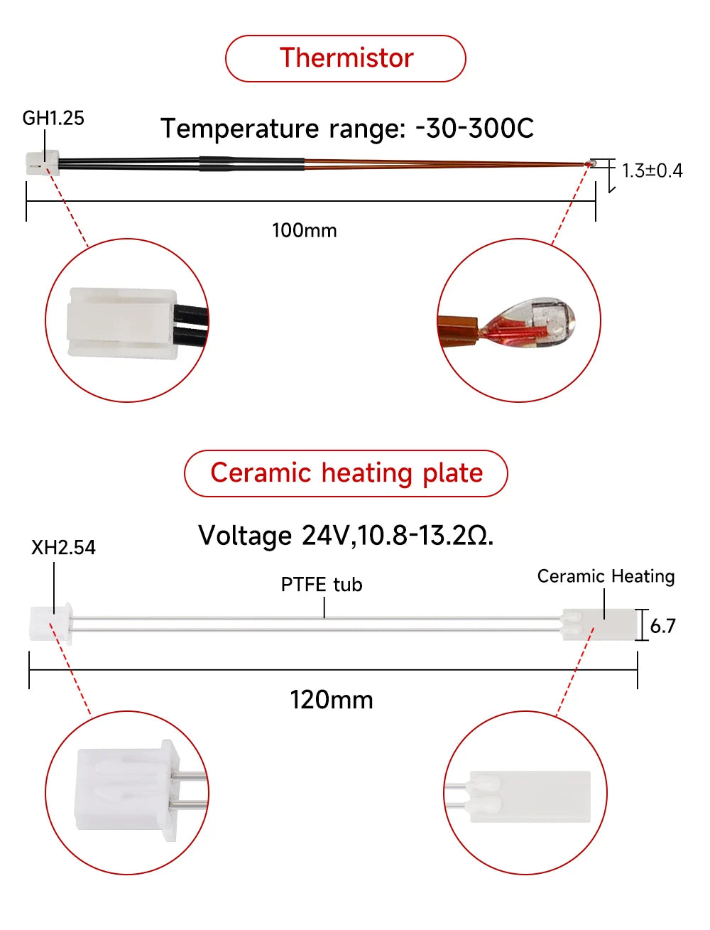 For Bambu Lab X1/X1-Carbon X1C Thermistor NTC100K Heating Sheet For Bambu Hotend Heater Cartridge 24V 3D Printer Parts