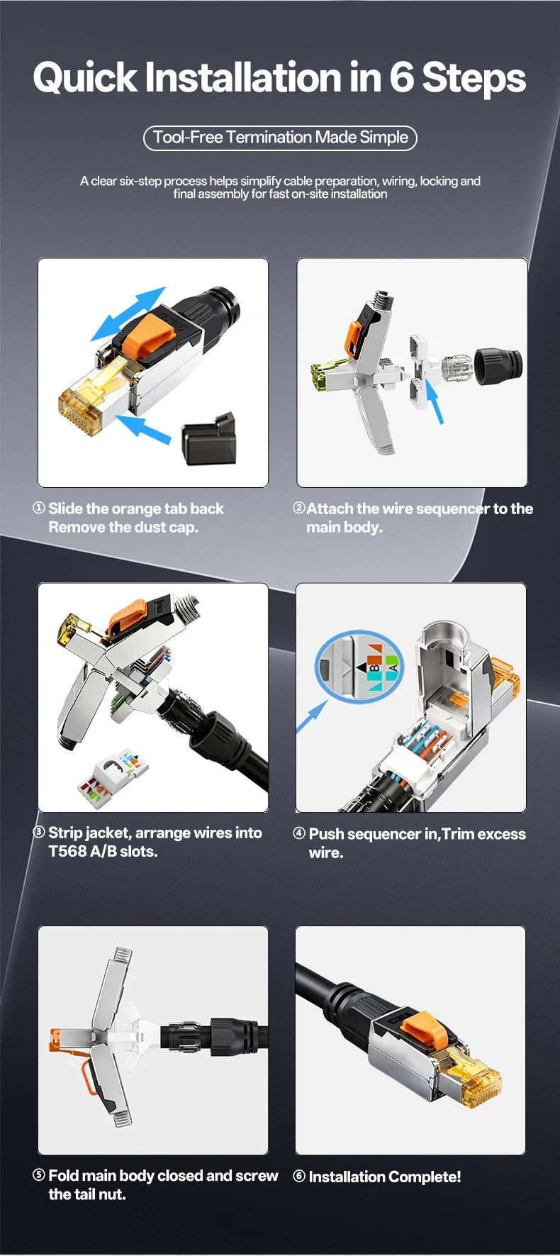 BYXGD CAT6A Tool‑Free Shielded RJ45 Connector 10Gbps 500MHz Reusable STP Ethernet Plug No Crimp Tool for 22‑26AWG Network Cable