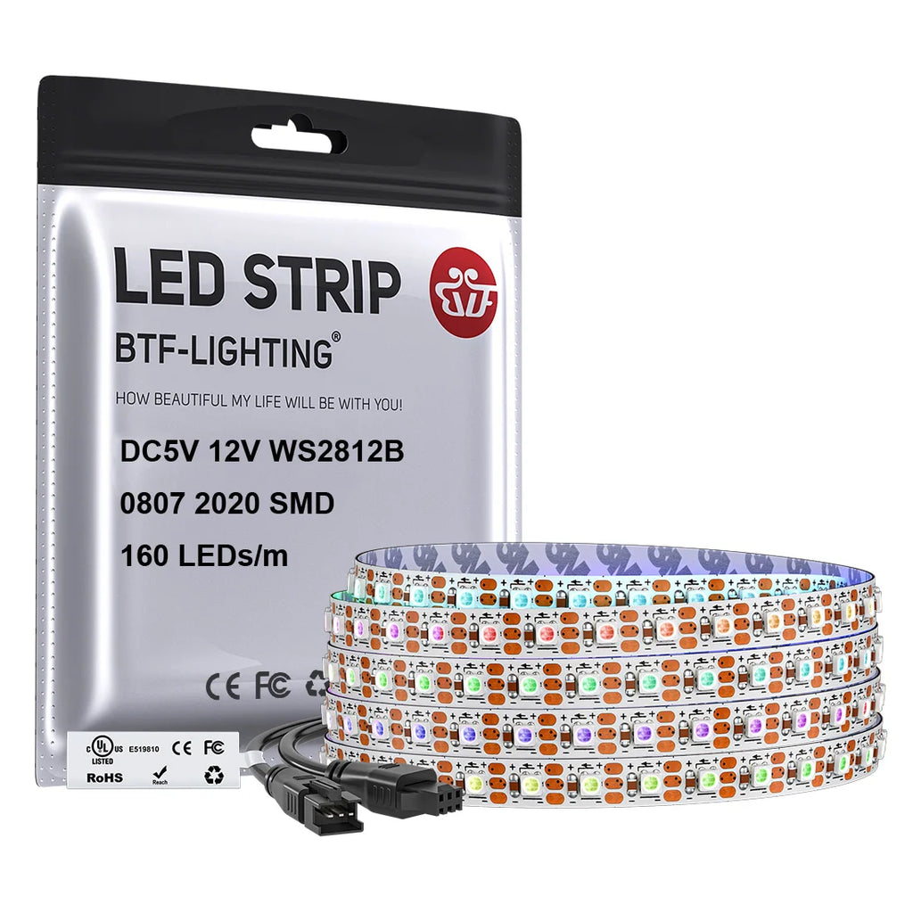 WS2812B RGB LED Light Strip 160 LEDs 2.7mm 5mm WS2812 Lights 0807 2020 Individually Addressable Smart Pixels Magic 5V 12V IP30