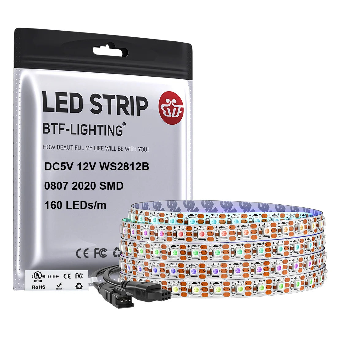 WS2812B RGB LED Light Strip 160 LEDs 2.7mm 5mm WS2812 Lights 0807 2020 Individually Addressable Smart Pixels Magic 5V 12V IP30
