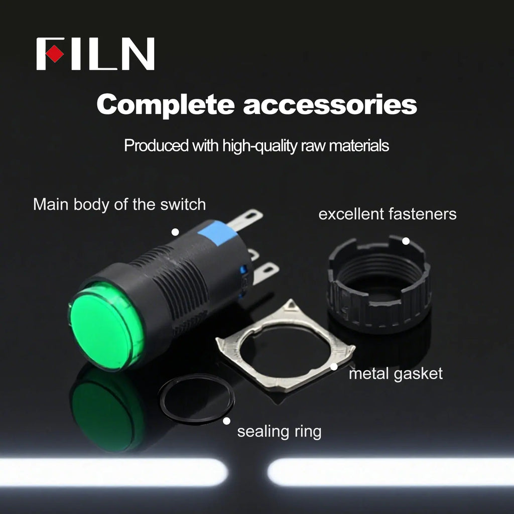 FILN 16mm 5-Unit LED Push Button Switch Momentary Latching Plastic Button 5pins Red Green Blue 12V 24V 220V Industrial Equipment
