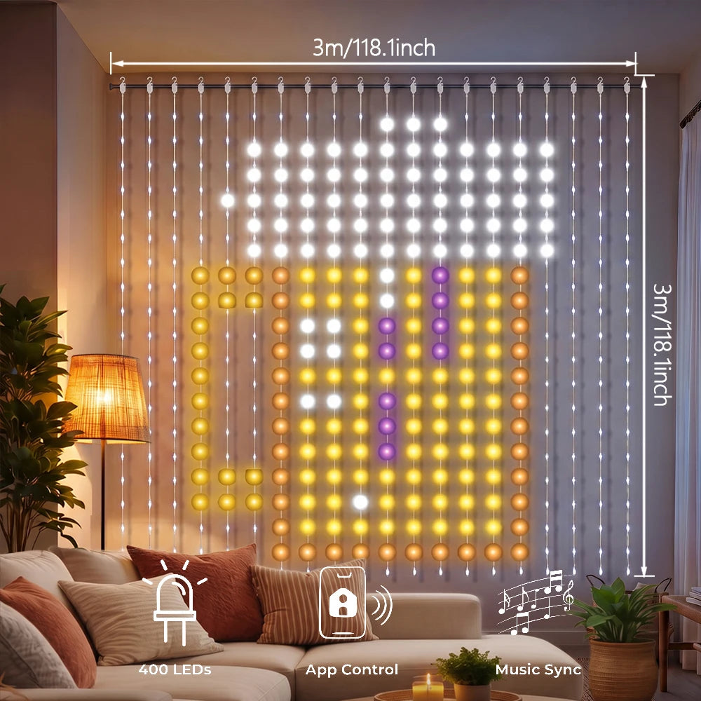 Smart LED Curtain Lights RGB Color Changing String Fairy Lights Curtain APP Control DIY Pattern Music Sync for Bedroom Wall Backdrop Indoor Outdoor Christmas Decorations