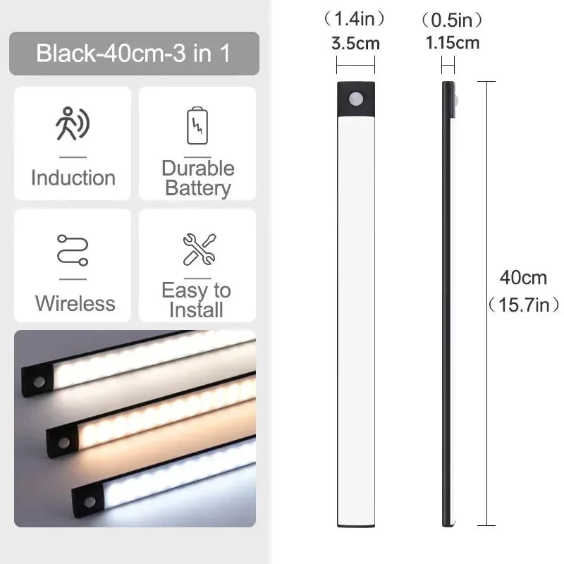 10-60cm USB Rechargeable Ultra-Thin Motion Sensor Light Magnetic Mount  3-Color Adjustment Under Cabinet Light for Home Office