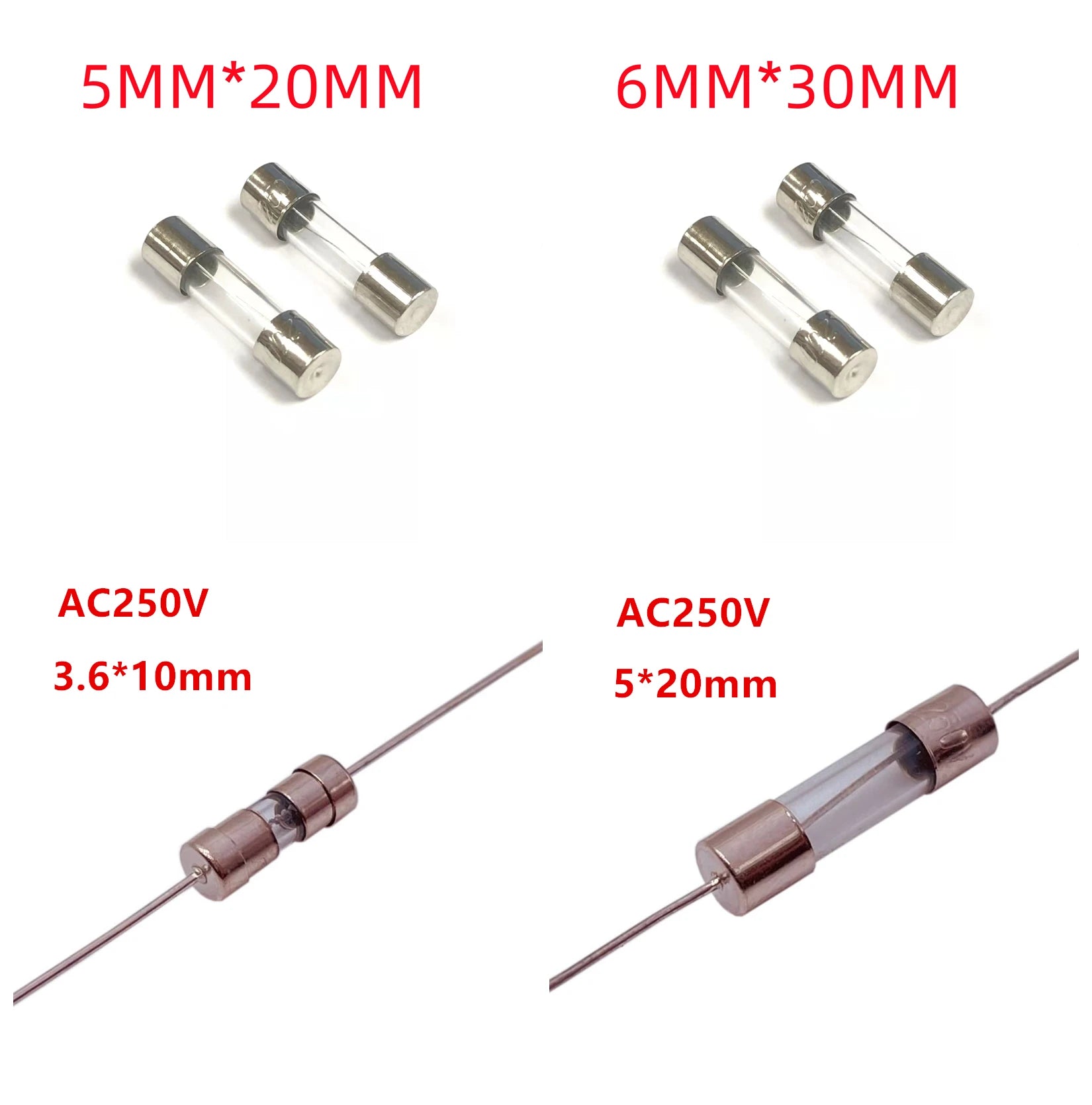 10pcs/lot Fast Blow Glass Tube Fuses 3.6x10mm 5x20mm 6x30mm 250V 3.15A 4A 5A 6A 6.3A 7A 8A 10A 12A15A Axial Lead Ceramic Fuse