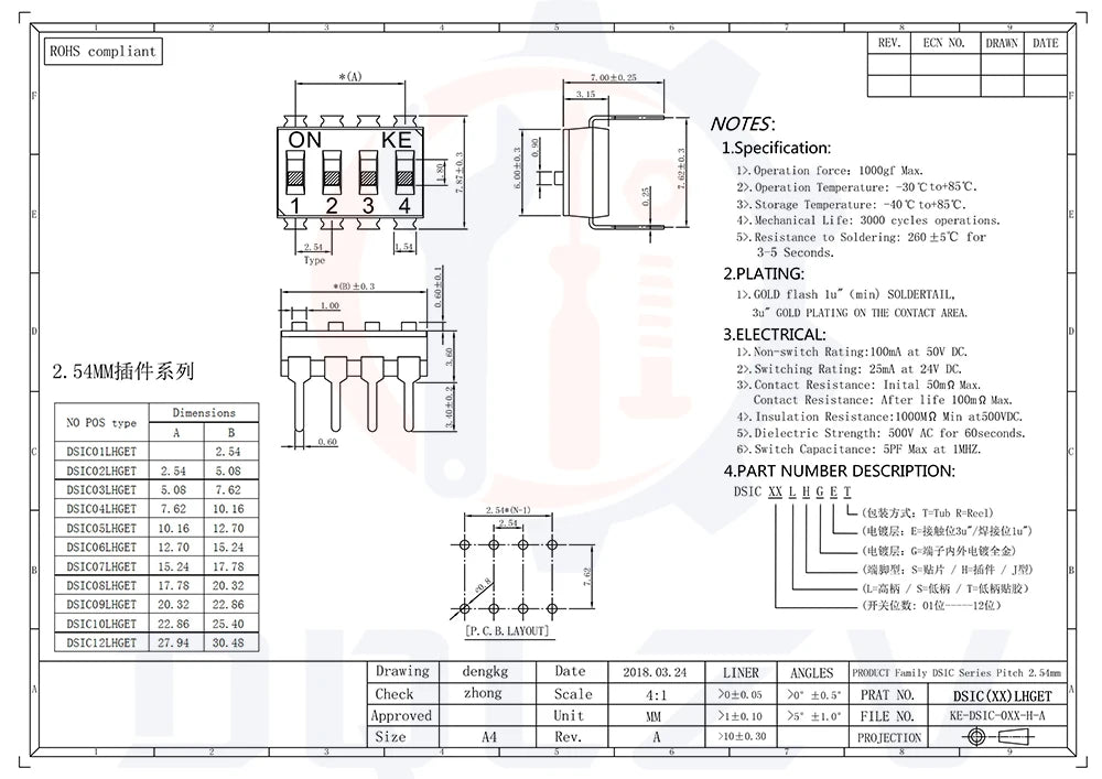 DIP Switch Toggle Switches 2.54mm 1P/2P/3P/4P/5P/6P/8P/10P black 2.54MM SMD Switch Gold Plated Pin