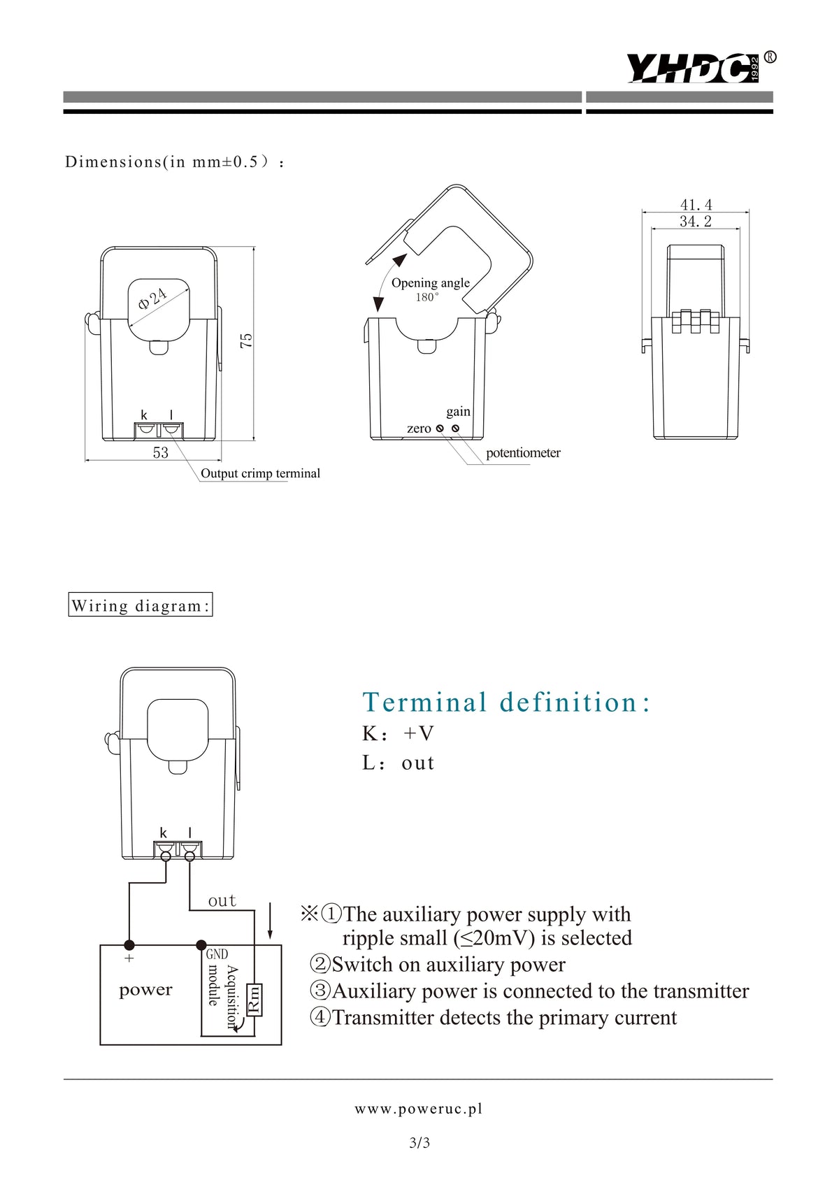 YHDC TST024T Input 100A/200A/300A/400A Output 4-20mA Supply Voltage +12V/+24V Split Core Current Transmitter Analog Transformer