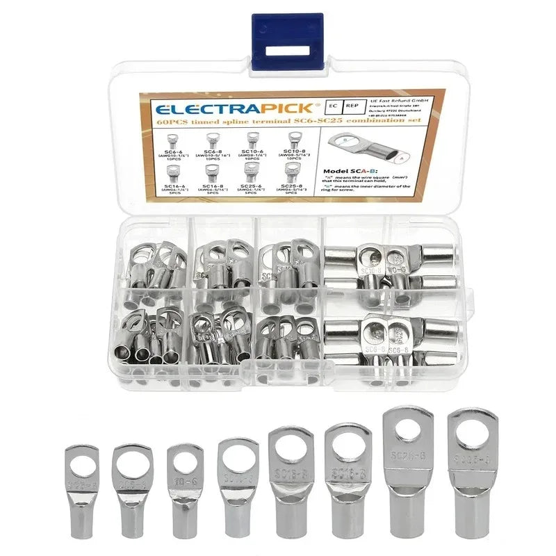 60/100/170pcs SC Bare Bolt Hole Tinned Copper Cable lugs Battery Terminal Wire Terminals Connector Suit SC10-6 SC16-8 SC25-8
