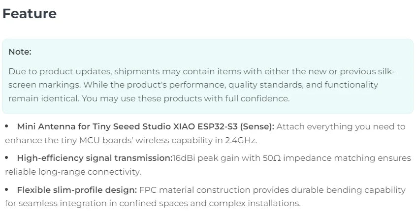 Seeed 2.4GHz FPC Antenna 1.16dBi/2.9dBi/1.86dBi for XIAO ESP32-S3/ESP32-C3/nRF54L15 and Rod 2.81dBi