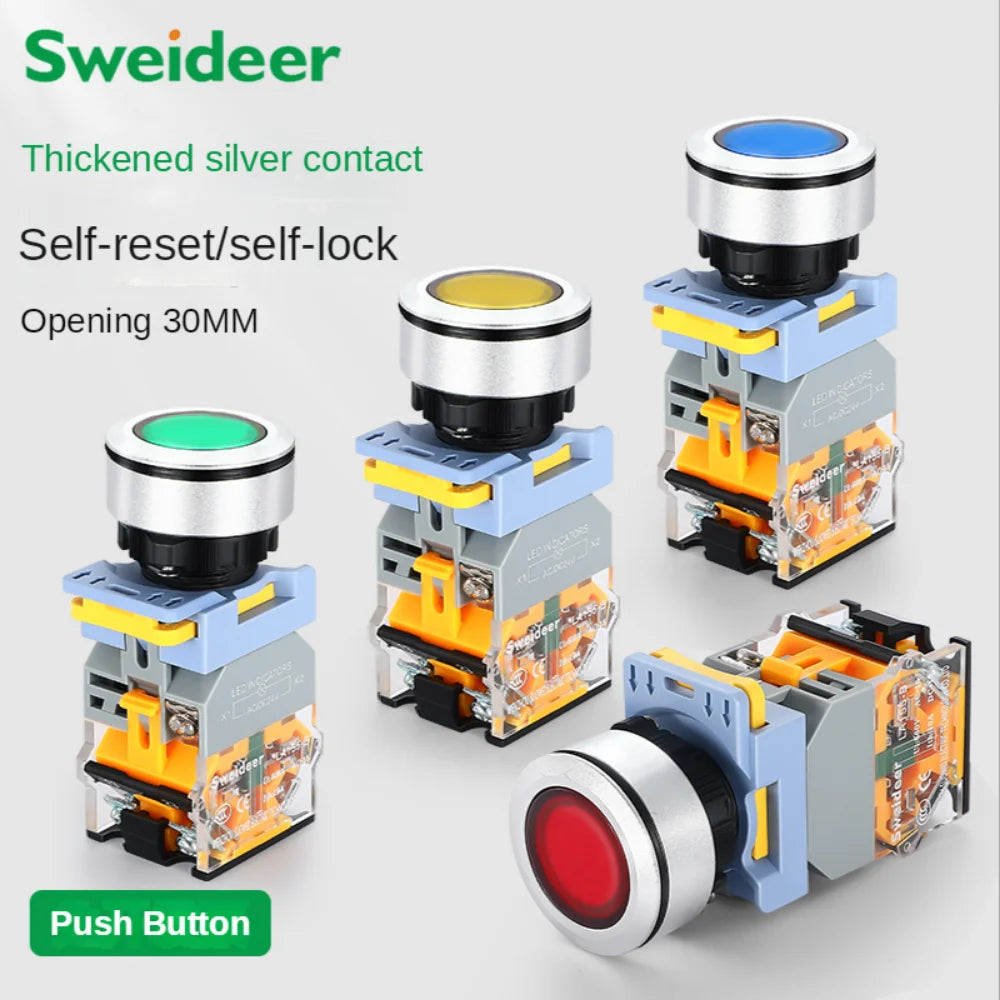 Flat Button Switch Waterproof 30mm Self Reset Locking Momentary Latching Red Green Yellow White Blue Switch Light 6V12V24V220V