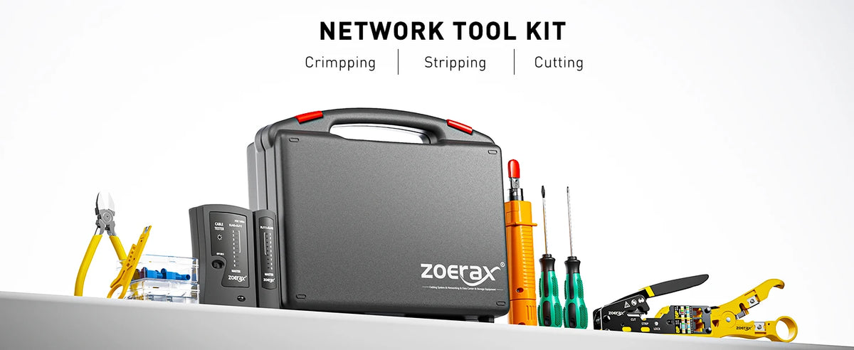 ZoeRax Network Tool Kit，RJ45 Crimp Tool kit Pass Through Crimper RJ45 Crimping Tool, Cable Tester, Punch Down Tool, Stripper