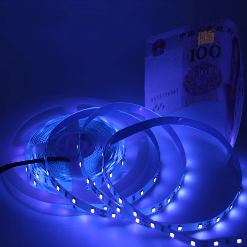 UV 1M-5M LED Strip 365nm Ultraviolet Ray Flexible Tape DC5V 12V 3528 SMD for UV Curing Currency Validation Masquerade Exhibition