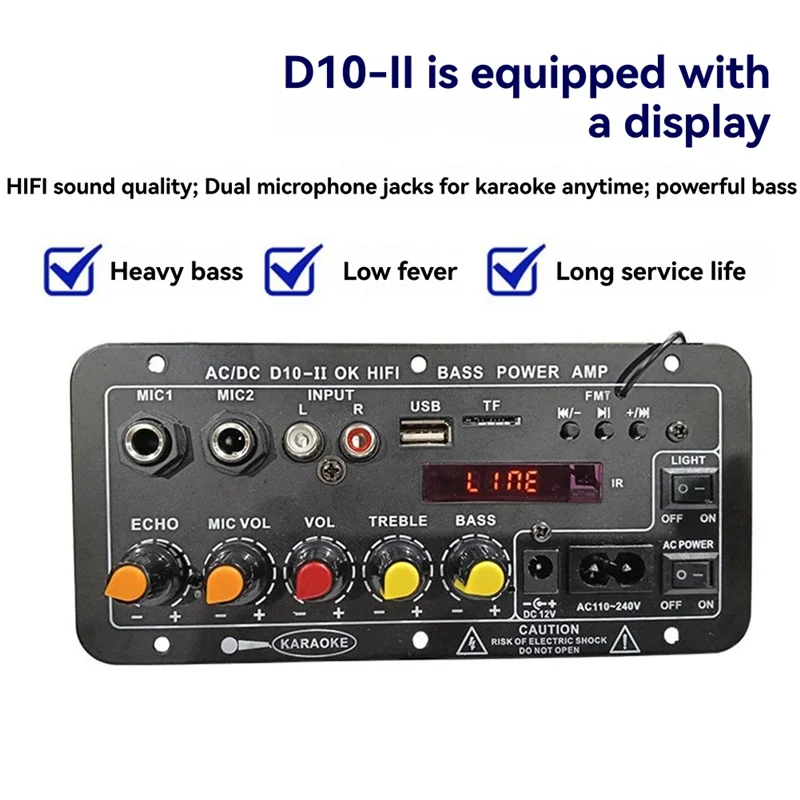 A73E-DC10-II 12V Home Karaoke Car Audio Subwoofer Amplifier Board Bluetooth With Display Outdoor US Plug