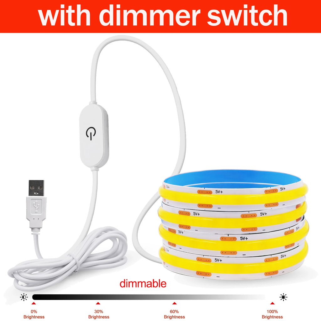 Dimmable COB LED Strip Light 5V USB Flexible LED Tape with ON OFF Switch 320LEDs High Density Linear Lighting with Adhesive Tape
