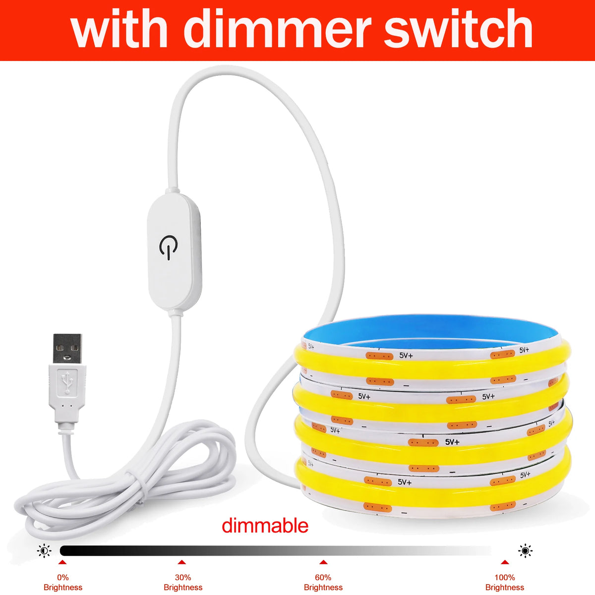 Dimmable COB LED Strip Light 5V USB Flexible LED Tape with ON OFF Switch 320LEDs High Density Linear Lighting with Adhesive Tape