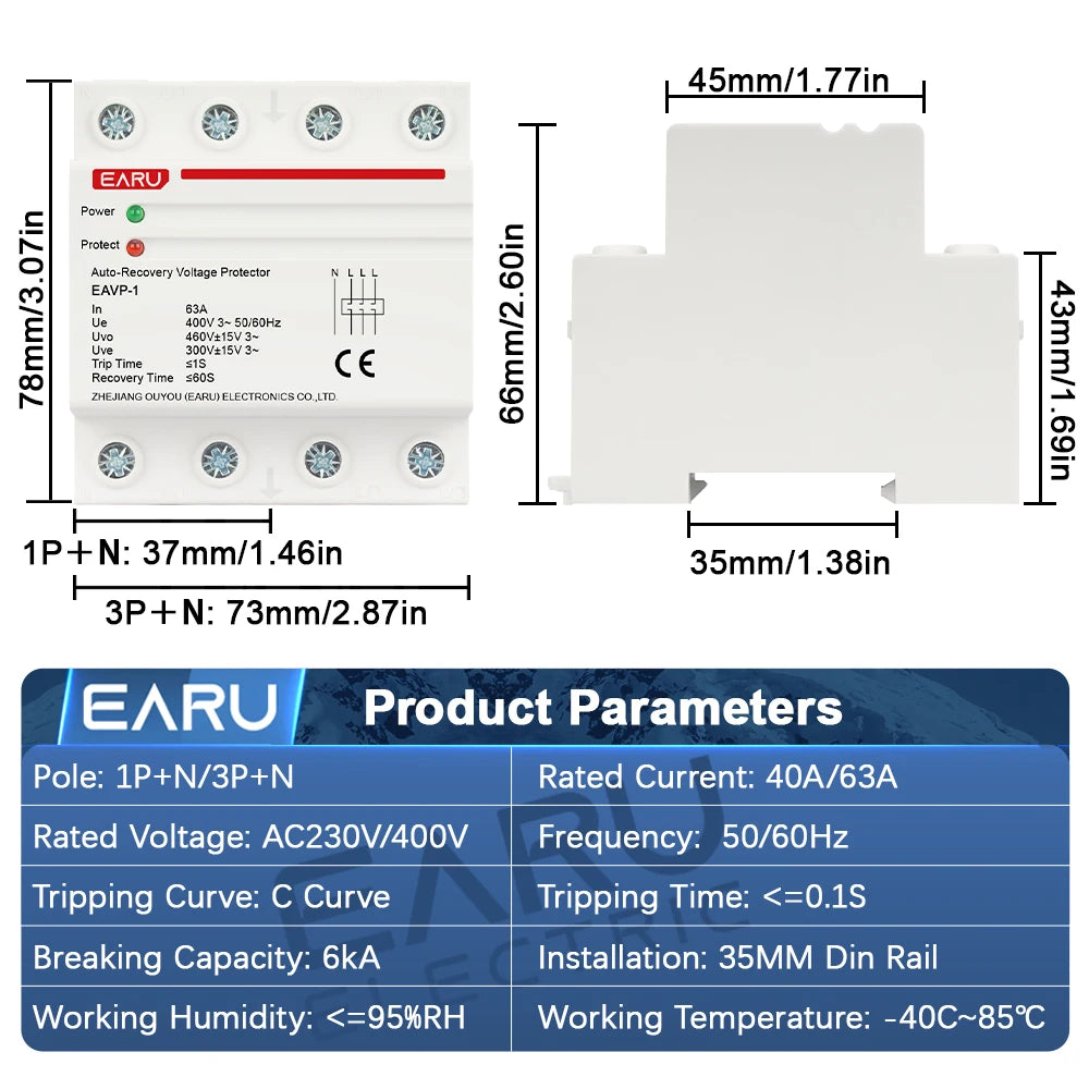 EARU 40A 63A AC 230V 400V Din Rail Automatic Recovery Reconnect Over Voltage Under Voltage Protective Device Protection Relay