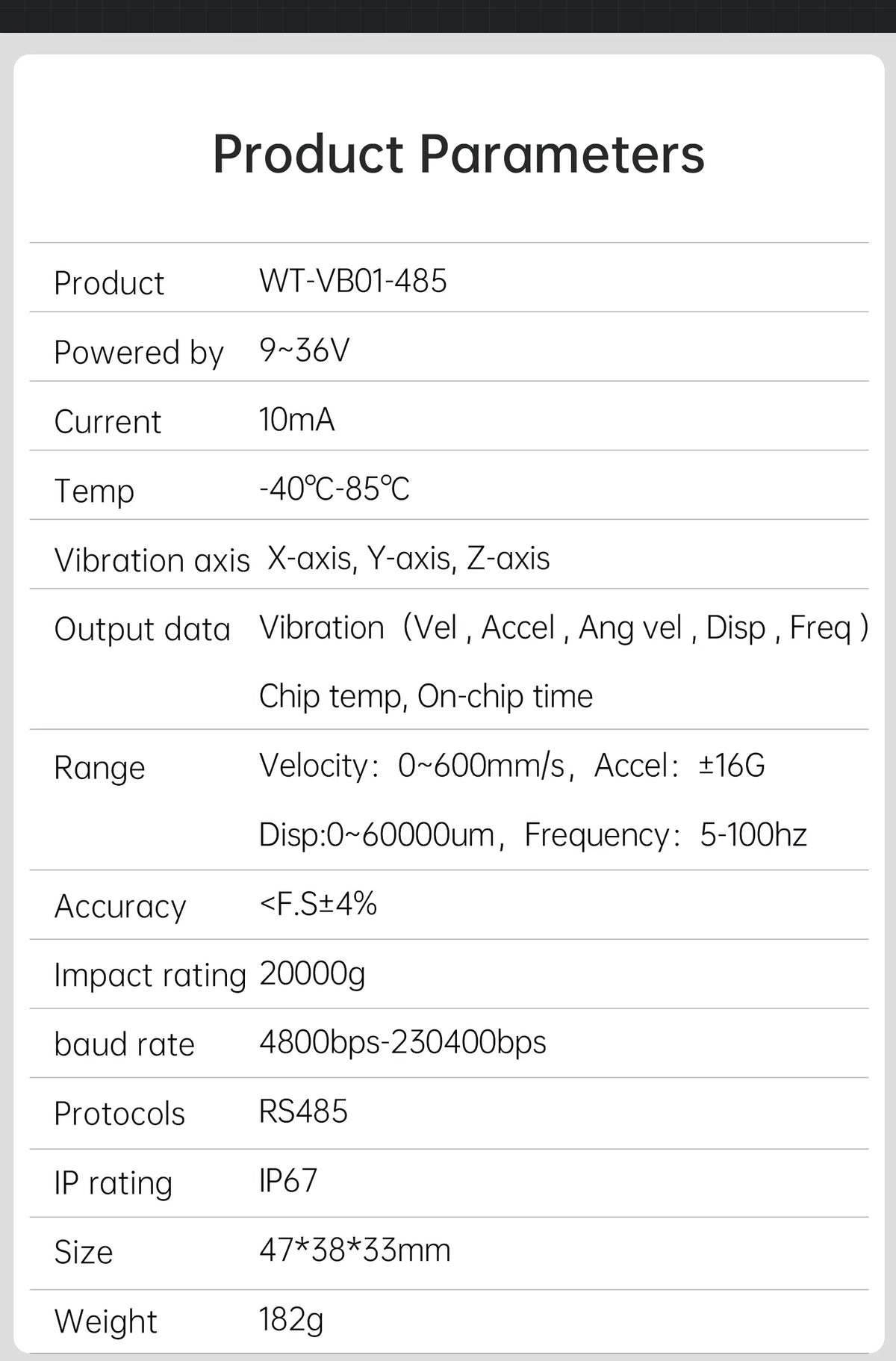 WitMotion WTVB01-485 IPX8 Vibration Sensor 3axis (XYZ) Modbus Vibration Analyzer Displacement(Acceleration +Speed+Amplitude)