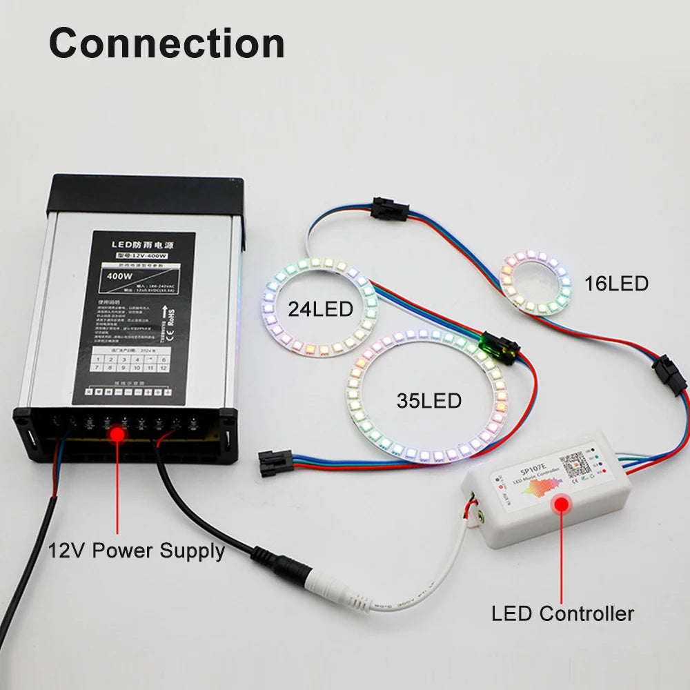 WS2815 Angel Eyes Ring 16/24/35 LEDs Breakpoint Resume Individually Addressable DC12V 5050 RGB Car Daytime Running Light
