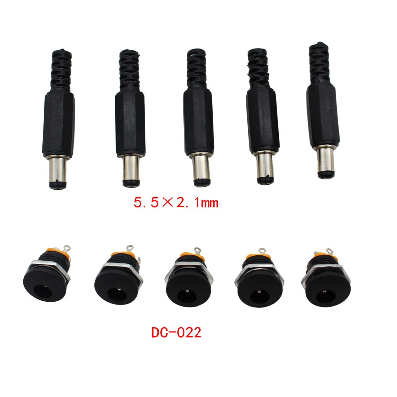 10PCS (5Pairs) DC12V 5.5 x 2.1mm Plastic Male Plugs DC022 DC Power Socket Female Jack Screw Nut Panel Mount Connector