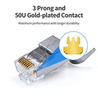 ZoeRax RJ45 Cat8 Cat7 Cat6A Pass Through Shielded Connector Modular Network 3-Prong 50μ Gold-Plated Plug with Strain Relief Boot