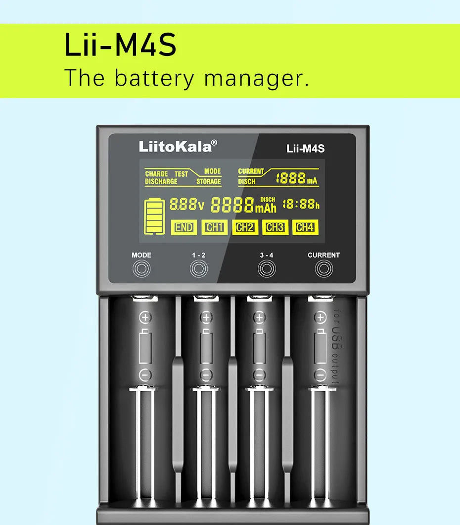 LiitoKala for 18650/26650/AA/AAA Li-ion/Ni-MH LCD Display Safe Fast Charging Lii-M4/M4S 4-Slot Smart Charger