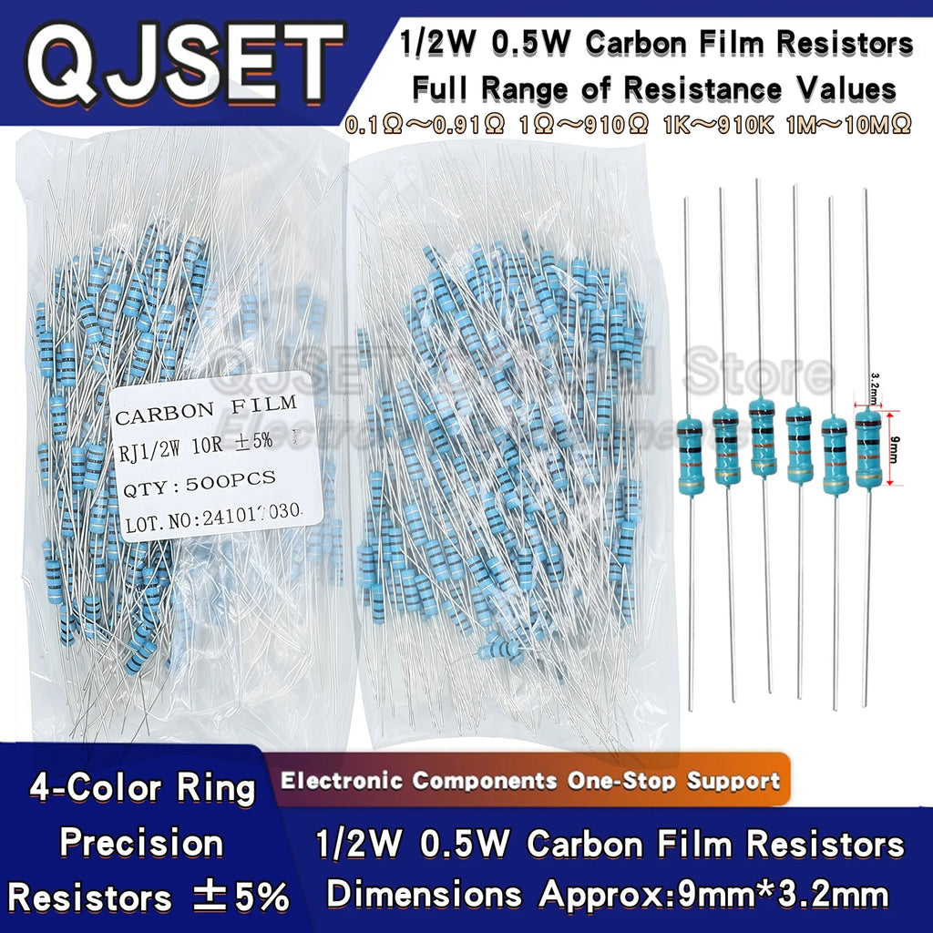 500pcs 1/2W Carbon Film Resistors 5% 0.5W 1kR 1R 2.2K 4.7K 10K 47K 100k 200k 220k 470k 1M Ohm 10R 15 47 100 200 220 470 510 Ohms