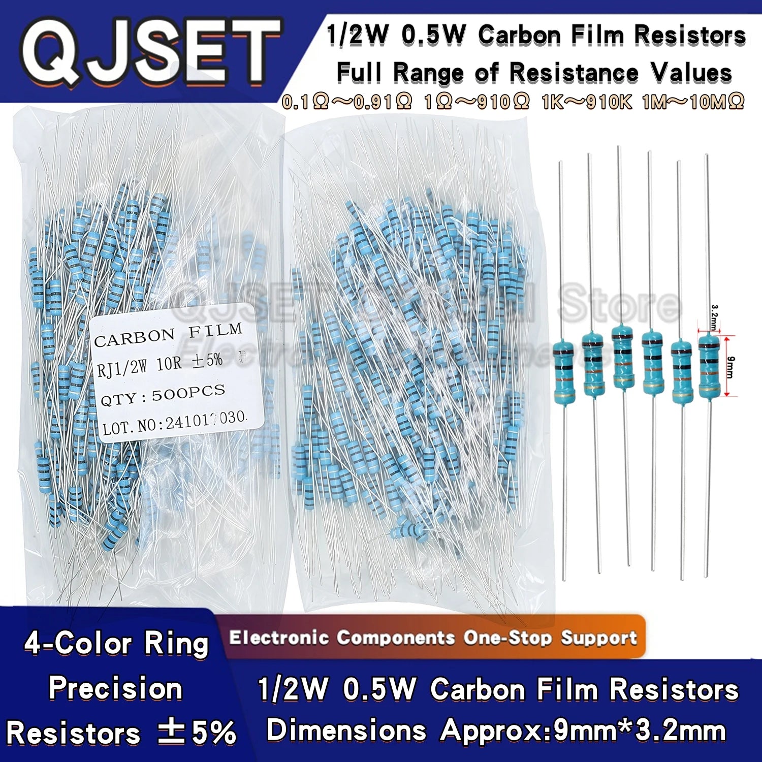 500pcs 1/2W Carbon Film Resistors 5% 0.5W 1kR 1R 2.2K 4.7K 10K 47K 100k 200k 220k 470k 1M Ohm 10R 15 47 100 200 220 470 510 Ohms