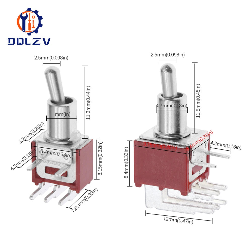 5MM Mini Toggle Switch SMTS-102 250V/1.5A SPDT 3/6 Pin On On 2/3 Position Red Color Stitch Pins SMTS-202 ﻿