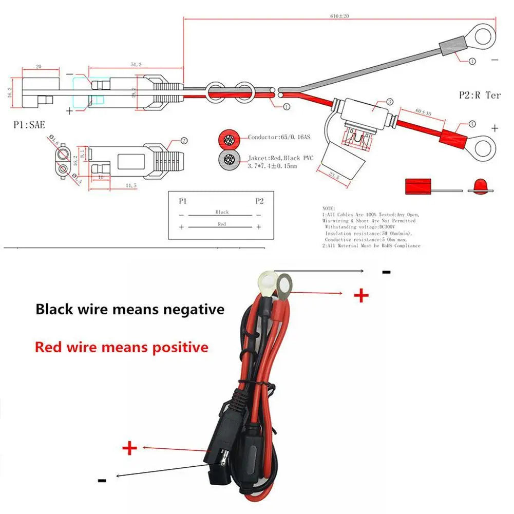 12-24V 16AWG SAE 2 Pin Quick Disconnect To O Ring Terminal Harness Connecter With 10A Fuse For Battery Charger Cable Connector