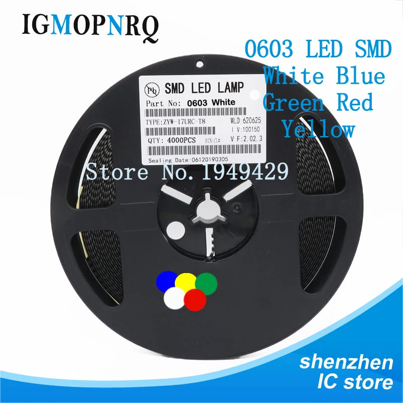 1Reel 4000pcs 0603 SMD LED  light  Yellow Red  Green Blue White new and