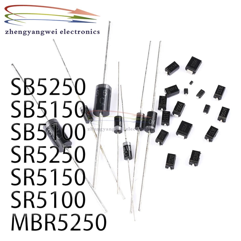 10pcs SB5250 SB5150 SB5100 SR5250 SR5150 SR5100 MBR5250 Inline Schottky Diode DO-201AD 5A 100V 5A150V 5A200V 5A250V