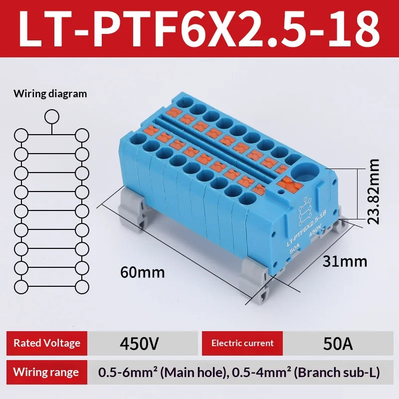 Push-in Terminal Block PTF6X2.5mm One in Multiple Out Splitter Spliceable Wire Connectors DIN Rail Junction Box Electrical Joint