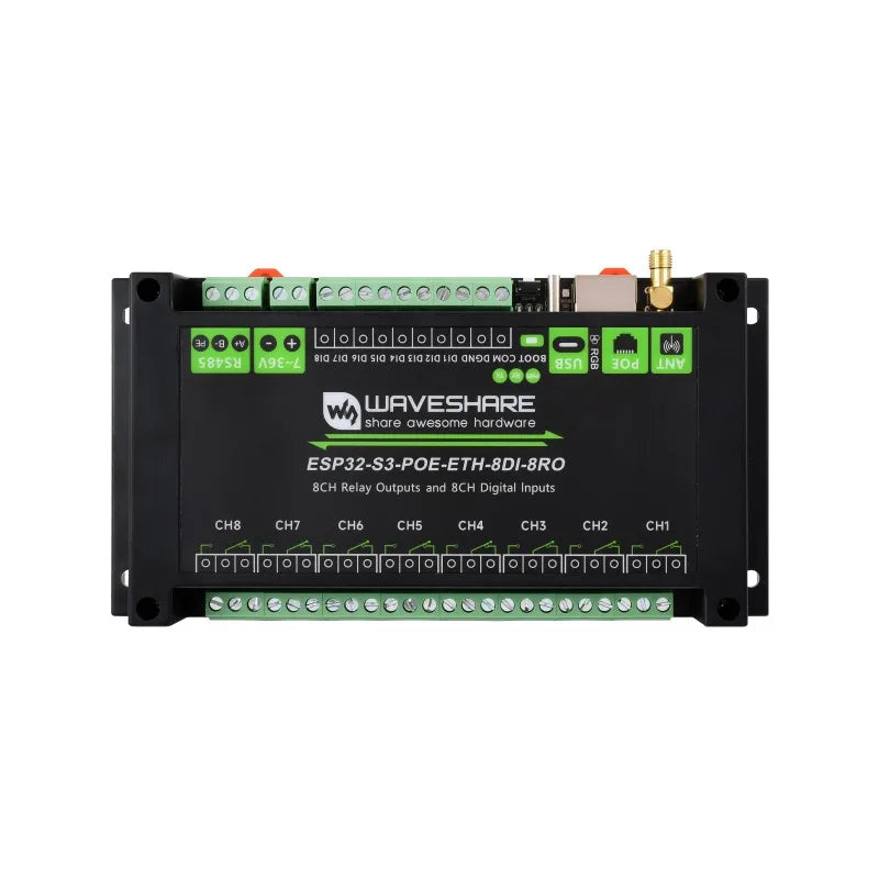 Waveshare ESP32-S3-ETH-8DI-8RO,Industrial 8-Channel ESP32-S3 WiFi Relay Module,Onboard isolated RS485 interface, Built-in Xtensa
